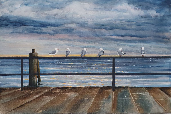 Möwen an der Müritz, 70 x 50, Acryl/ Mischtechnik