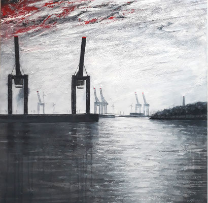 Neue Hafenkräne, 80 x 80 cm, Acryl/ Mischtechnik