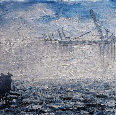Nebel Kräne, 40 x 40 cm, Acryl/ Mischtechnik (verkauft)
