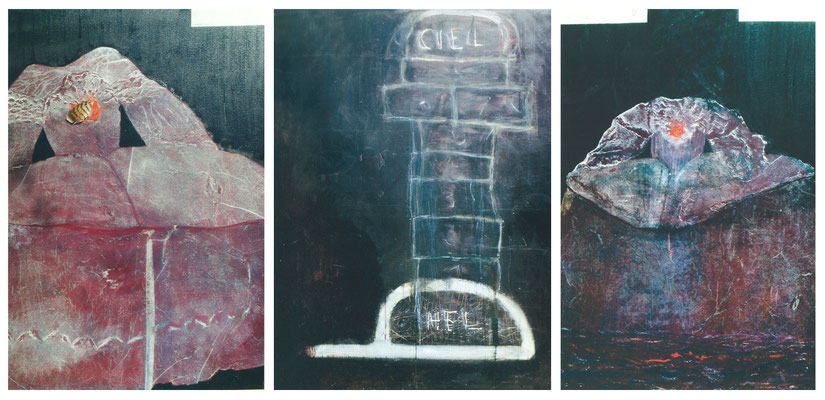 Triptychon - Kindheitsmuster 2001 / Collage, Ölfarbe, Pastell auf Leinwand, je 120x100cm