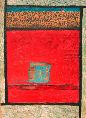Gedenkblatt für den Käfig 2007 / Collage, Öl auf Pavatex, 128x90cm
