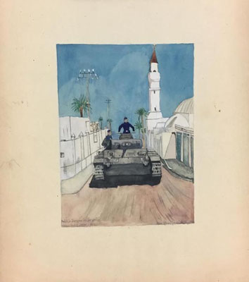 Deutsche Panzer in Tripolis, Otto Eberhardt, 1942, Aquarell, Papier, 16x21cm, ID1359