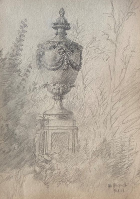 Vase in Schlossgarten, Otto Eberhardt, 1949, Zeichnung, Papier, 21x29cm, ID1767