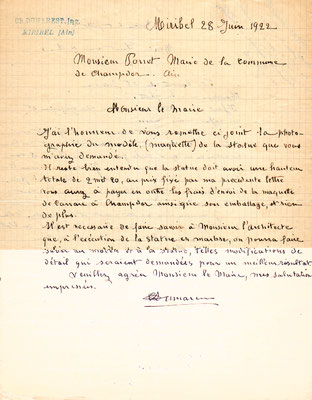 Courrier de Charles Dumarest au maire de Champdor (cette entreprise est aussi intervenue pour le Monument aux Morts d'Hauteville)