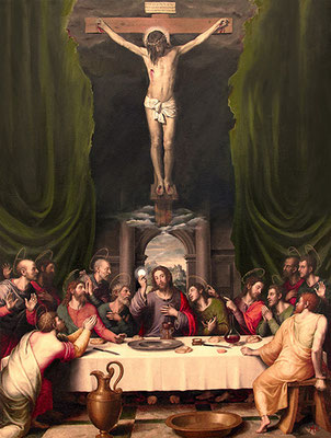 La eucaristía. Técnica mixta. 60x80cm. Fotocomposición de la última cena de Juan de Juanes y el Cristo de Velázquez. www.expocarlo.es