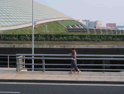 北京空港の一部の建物の屋根はソーラー・パネルで覆ってあるように見える。