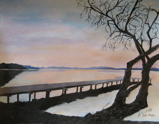Ammersee bei Hersching, Acryl und Mischtechnik auf Papier, 50x64cm