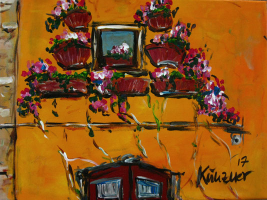 Fenster mit Geranien, Acryl auf Leinwand, 30x40cm