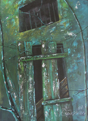Verfallene Hütte, Acryl und Mischtechnik auf Papier, 55x42cm