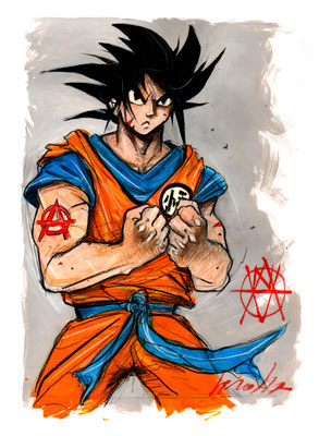Son Goku (Dragon Ball)  Acrylique, encres, crayons, sur papier epais, dimension 42cmx30cm, année 2024