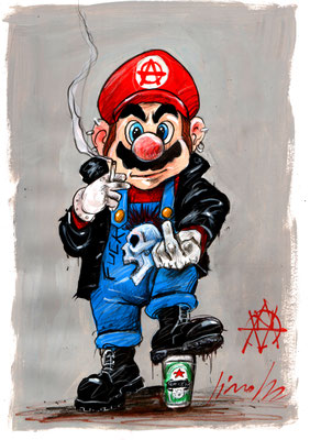 Super Mario, encre de couleur, crayons colorés, acrylique  sur papier epais, dimension 42cmx29,7cm, année 2024