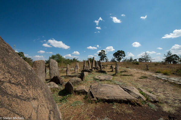 Stelenfeld von Tina. Die Stätte besteht aus 36 Einzelmonumenten, davon 32 mit Symbolen einer alten äthiopischen Kultur bedeckte steinerne Stelen.