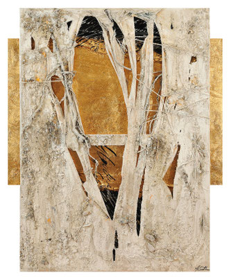 SICH ÖFFNEND;  Blattgold, Wurzeln, Sand, Papier und Acryl auf Leinwand, 100x81 cm