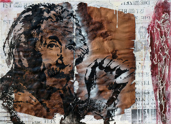 DIE ZEIT IST REIF; Pappelholzfurnier, Harz, Papier und Acryl auf Leinwand, 95x130 cm
