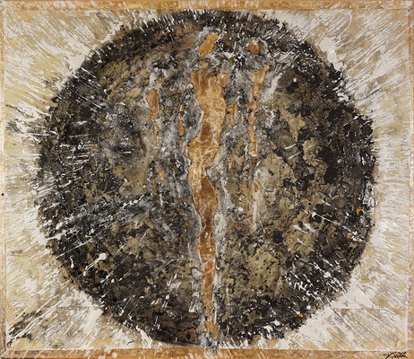 MENSCHWERDUNG II; Asche, Ruß, Hadernpapier, Blattgold, Acryl auf Leinwand, 95x110 cm