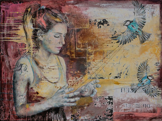 TRAUM VOM FLIEGEN; Mischtechnik auf Leinwand, 120x160 cm