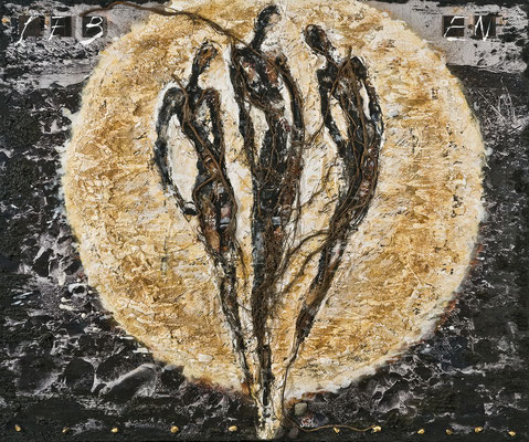 IM LICHT II; Wurzeln, Sand, Steine, Harz, Blattgold, Projektile, Holz und Acryl auf Leinwand, 100x120 cm
