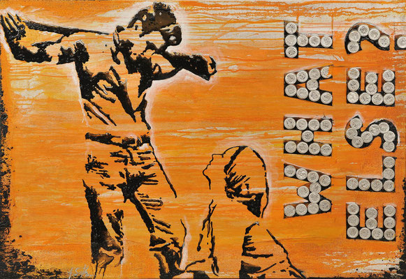 WHAT ELSE?; Nespressokapseln und Mischtechnik auf Jute, 90x130 cm