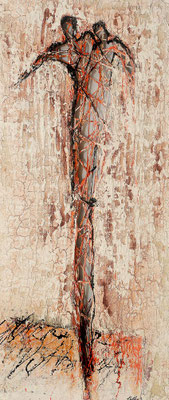 MENSCH IM LEBENSNETZ; Mischtechnik auf Holz, 105x50 cm