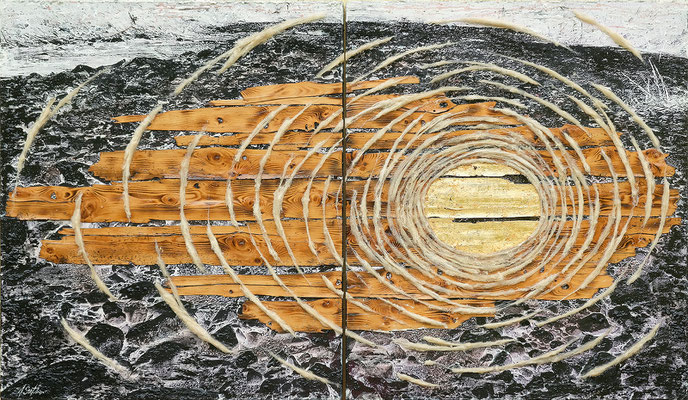 ZUEINANDER FINDEN; Mischtechnik mit Schafwolle, Altholz und Blattgold, 125x210 cm