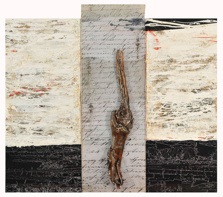 GEDANKEN SIND DER ATEM DER SEELE; Schwemmholz, Plexiglas, Sand, Papier und Acryl auf Leinwand, 102x115 cm