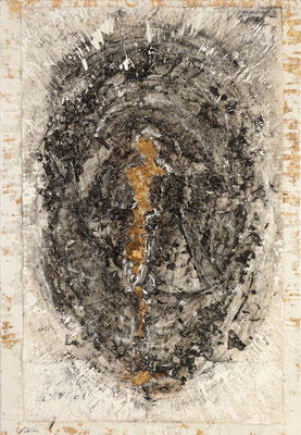 MENSCHWERDUNG; Papier, Blattgold und Kohle auf Leinwand,  95x65 cm