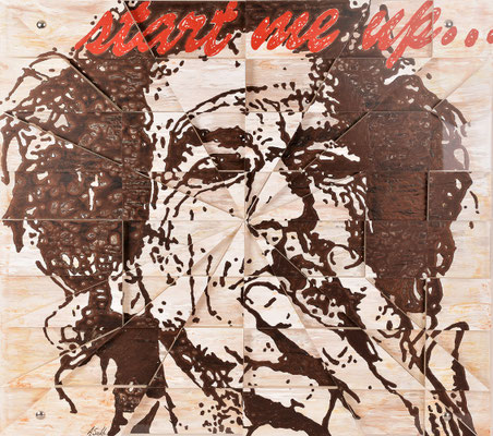 START ME UP; Acryl und Bronze auf Plexiglas, 80x90 cm