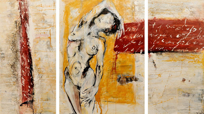 IM ZEITFENSTER (3-tlg.), Mischtechnik auf Leinwand, gesamt 80x145 cm