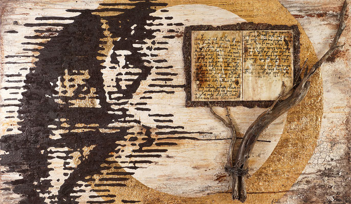 LEBENSBUCH; Blattgold, Holz, Rinde, Sand und Acryl auf Leinwand,  100x170 cm