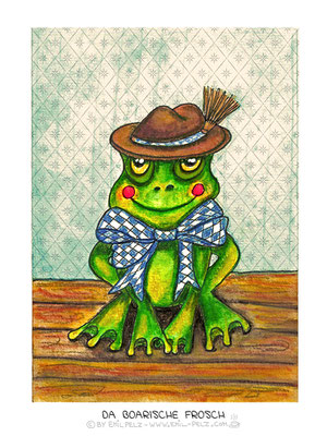 Titel: Da boarische Frosch- Größe: 30 x 40 - Art: Tusche- & Aquarellmalerei - © by Emil Pelz 2023