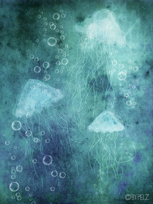 Titel: Quallen - Größe: 30 x 40 cm - Art: digiART / Zeichentablett WACOM - © by Pelz / 22. September 2025