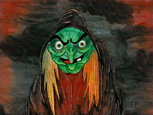 Titel: Hexe "Wüste Walli" - Größe: 30 x 40 - Art: Aquarell, Tinte, Holzfarbstifte - © by Emil Pelz 2024