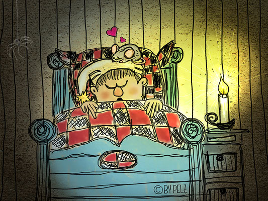 Schlafzimmer, Maus, Mann, Bett, Gute Nacht, Spinne, Kerze, Licht, Aquarellmalerei & Tusche, Zeichnung, Cartoon, Illustration, Copyright by Pelz, 2026