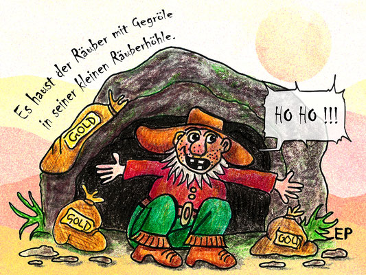 Titel: Räuberhauptmann / Grußkarte - Größe: 15 x 20 cm - Art: Tusche-, Ölstift- & Aquarellzeichnung - © by Emil Pelz 2023