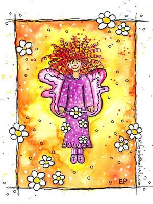 Titel: Engel der Blumen - Größe: 40 x 40 - Art: Tusche- & Aquarellmalerei - © by Emil Pelz 2023