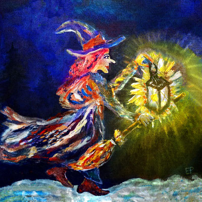 Titel: Besen Hilda, mit ihrer Laterne - Größe: 40 x 40 - Art: Acrylmalerei - © by Emil Pelz 2023
