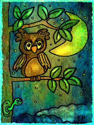 Titel: Eule im Mondschein - Größe: 30 x 40 cm - Art: Tusche- & Aquarellzeichnung - © by Emil Pelz 2023