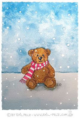 Titel:Teddybär im Schnee - Größe: 15 x 20 - Art: Aquarellmalerei / Aquarellstrukturpaste - © by Emil Pelz 2023