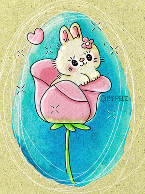 Häschen, Tulpe, Blume, Herzen, Illustration, Cartoon, Manga, digiART, süß, Copyright by Pelz, 2026.