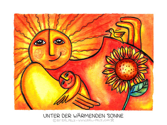 Titel: Unter der wärmenden Sonne - Größe: 30 x 40 - Art: Tusche- & Aquarellmalerei - © by Emil Pelz 2023