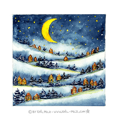 Titel: Winternacht - Größe: 40 x 40 cm - Art: Aquarellmalerei - © by Emil Pelz 2023