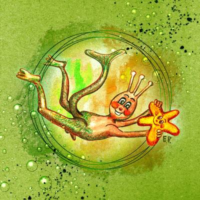 Titel: Sea-Monkeys Männchen - Größe: 30 x 30 cm - Art: Aquarell- & Aquarellstiftzeichnung - © by Emil Pelz 2023