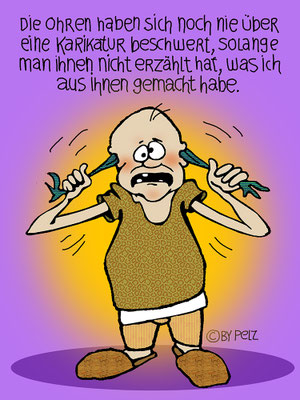 Mann, Illustration, Karikatur, lustiger Gesichtsausdruck, Ohren, irrer Pantoffelheld, Copyright by Pelz, 2026.