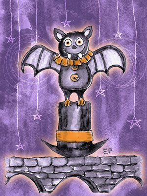 Titel:A little bat sends his regards! - Größe: 30 x 40 - Art: Aquarell, mit Tinte skizziert, mit Wasser vermalt - © by Emil Pelz 2024
