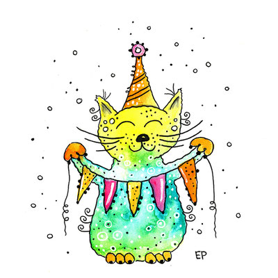 Titel: Happy Kitty - Größe: 40 x 40 - Art: Tusche- & Aquarellmalerei - © by Emil Pelz 2023