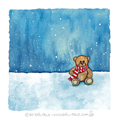 Titel: Einsames Bärchen im Winter - Größe: 40 x 40 - Art: Aquarellmalerei - © by Emil Pelz 2023