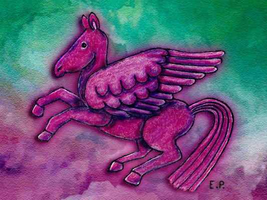 Titel: Pegasus - Größe: 15 x 20 cm - Art: Buntstift- & Aquarellmalerei - © by Emil Pelz 2023