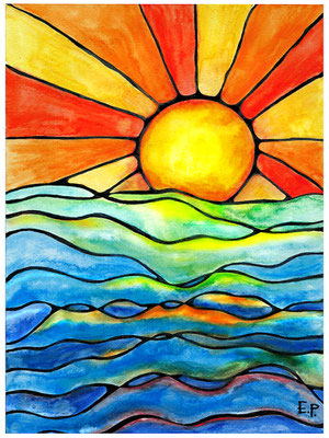 Titel: Sonnenuntergang am Meer - Größe: 30 x 40 - Art: Tusche- & Aquarellmalerei - © by Emil Pelz 2024
