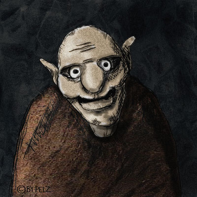 Fantasiewesen, Vrolok Schattenhuscher, Mystik, Zeichnung, Illustration, Schattenwesen, Märchen, Fantasie, Copyright by Pelz, 2026.
