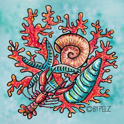 Hummer, Muschel, Seestern, Seeschnecke, Korallen, Aquarellmalerei & Tusche, Zeichnung, Cartoon, Illustration, Copyright by Pelz, 2026